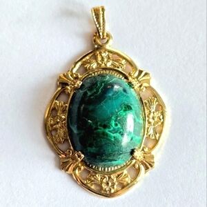 Vintage Malachite pendant gold tone green stone Victorian revival style